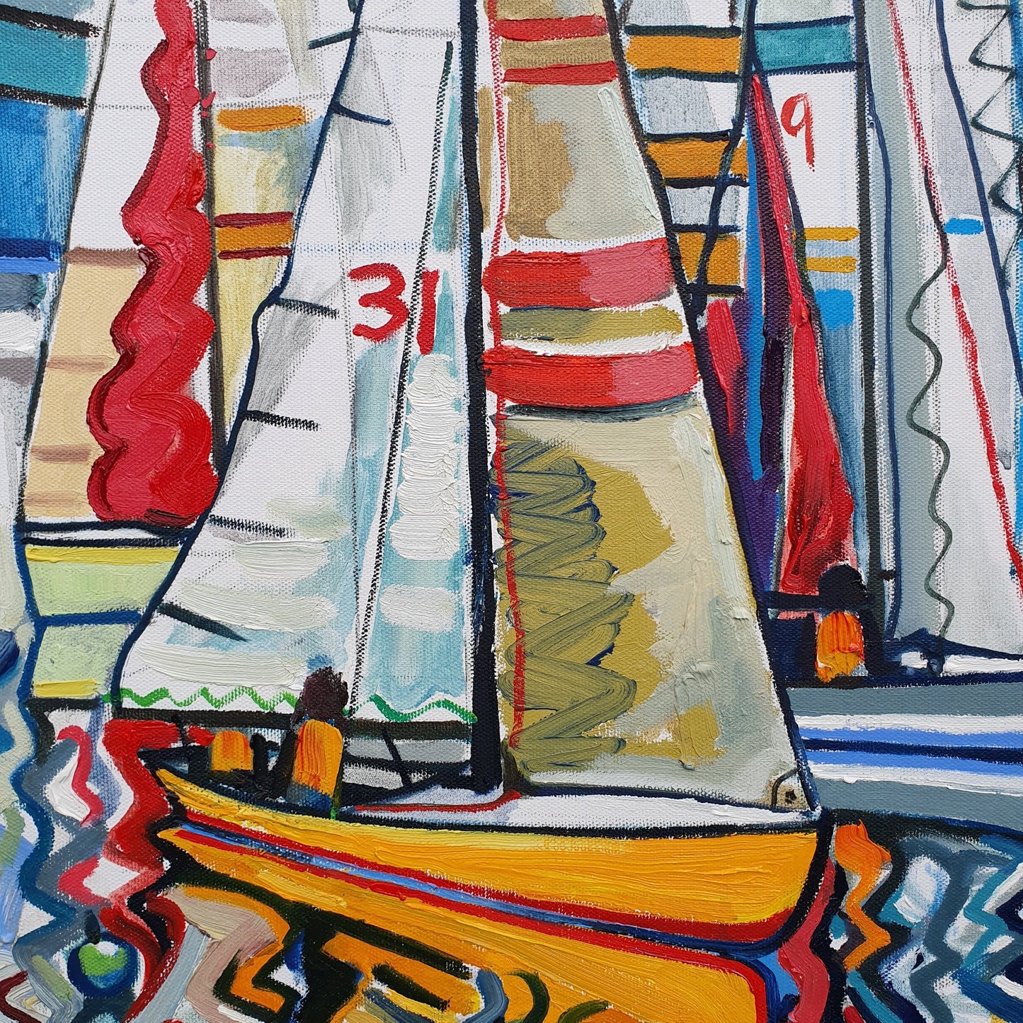 original oil by andrew cranely titled before the rain, an abstract colourful painting of boats