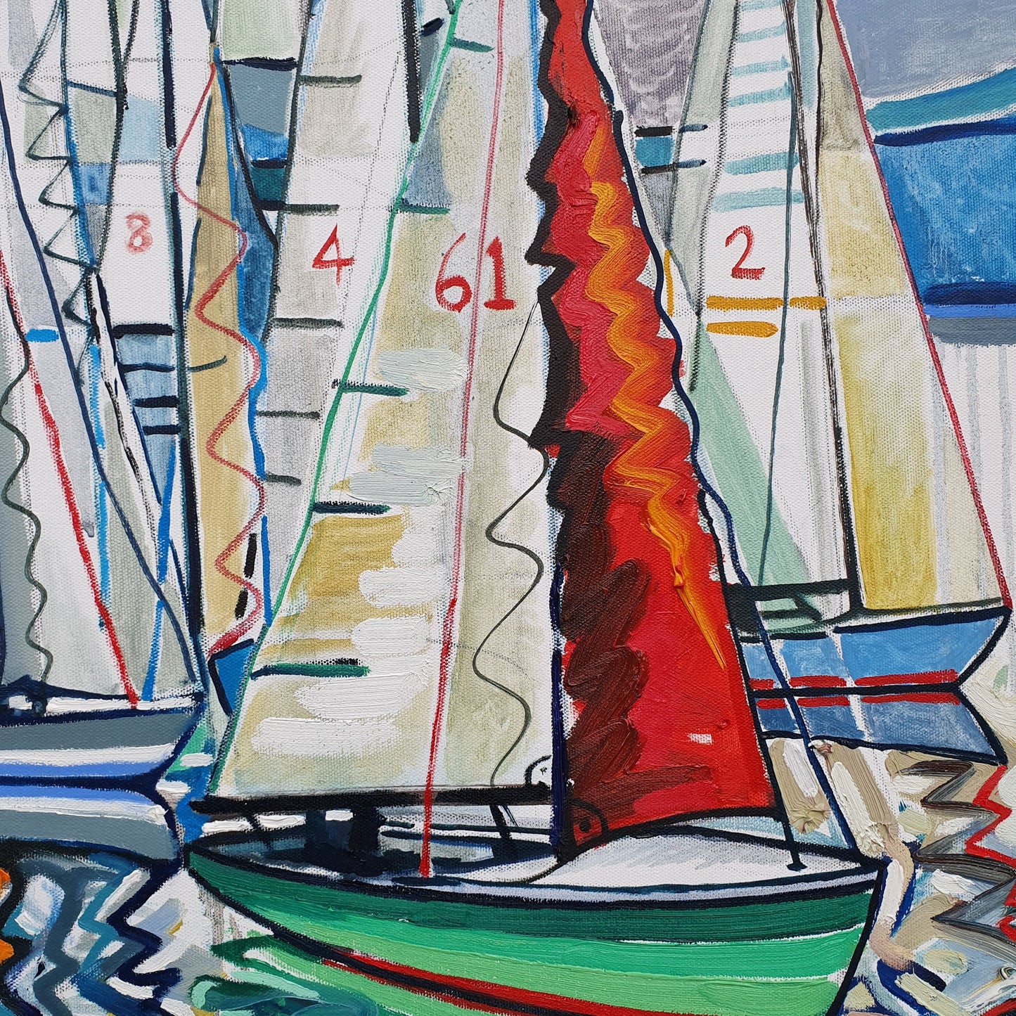 original oil by andrew cranely titled before the rain, an abstract colourful painting of boats