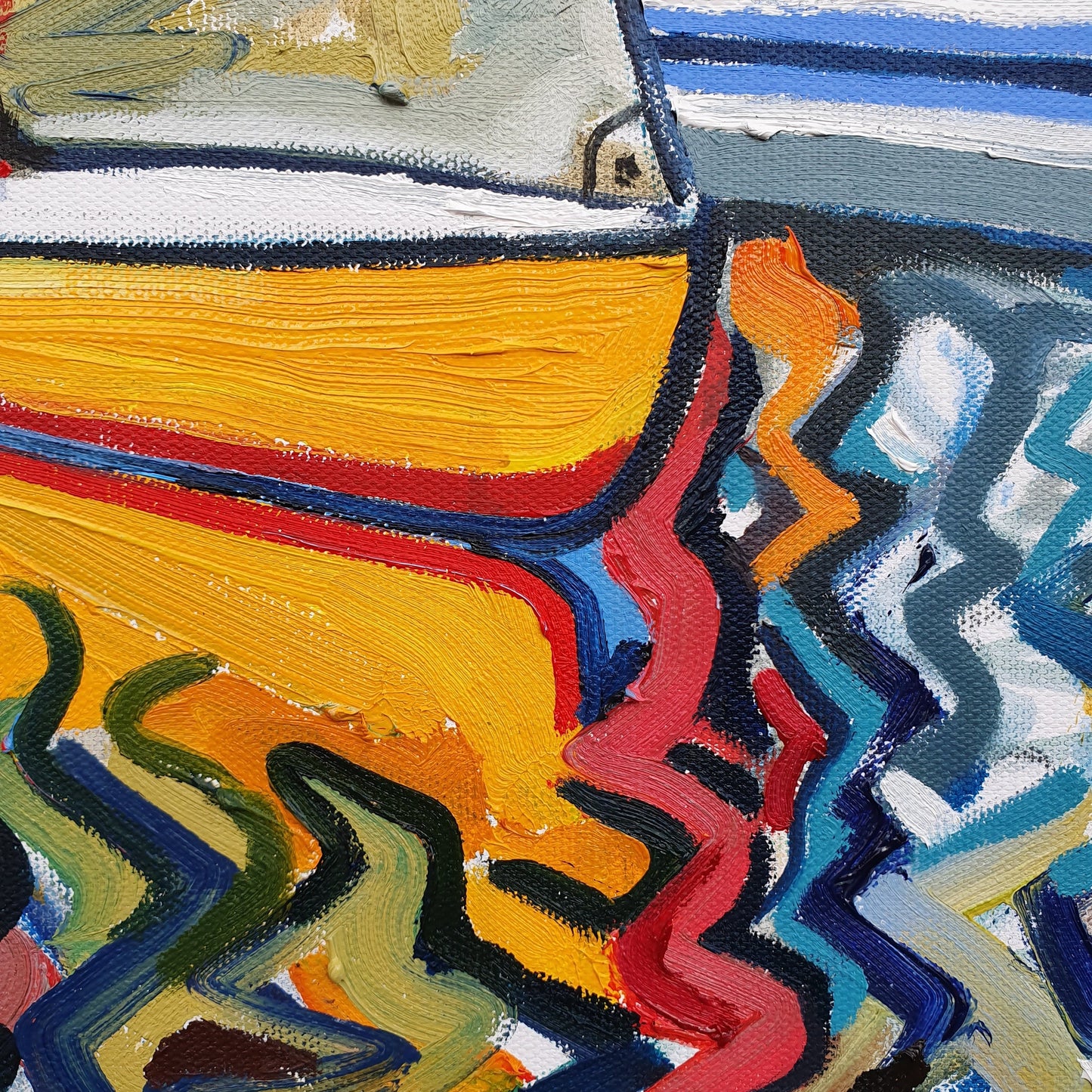 original oil by andrew cranely titled before the rain, an abstract colourful painting of boats