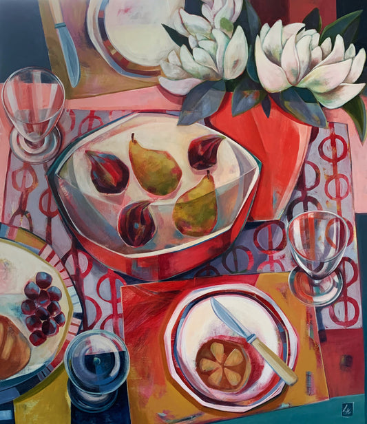 liza kavanagh original painting on board The Carnelian Vase. a contemporary still life in shades of red