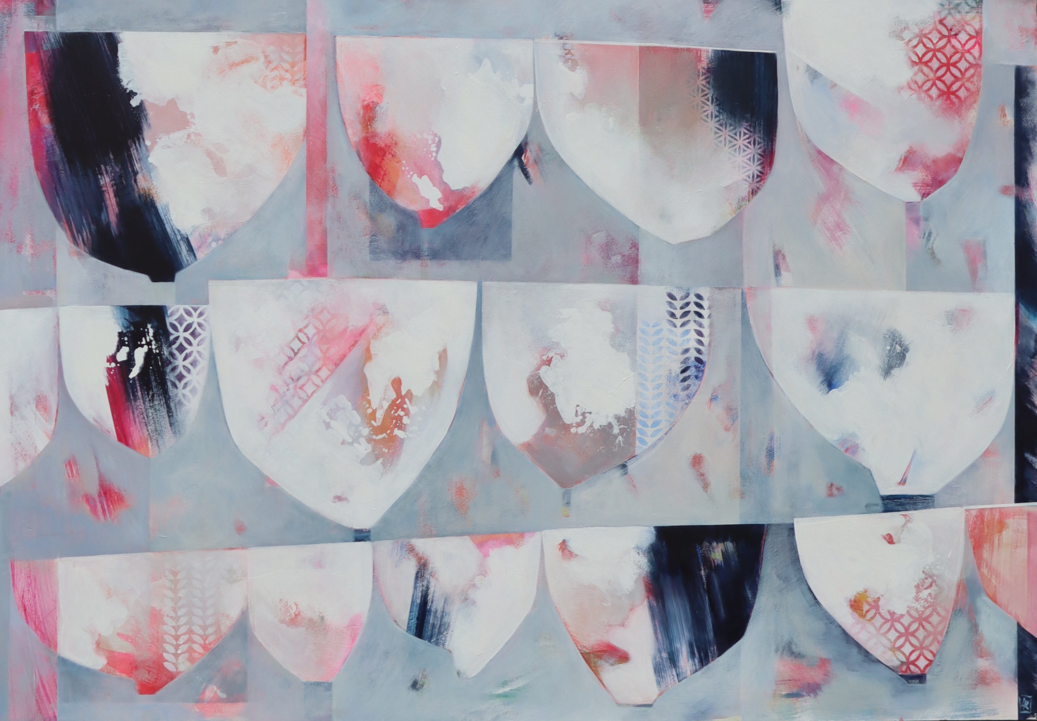 liza kavanagh original painting on board Magnolia Tea. a pastel contemporary still life in shades of navy, red and white