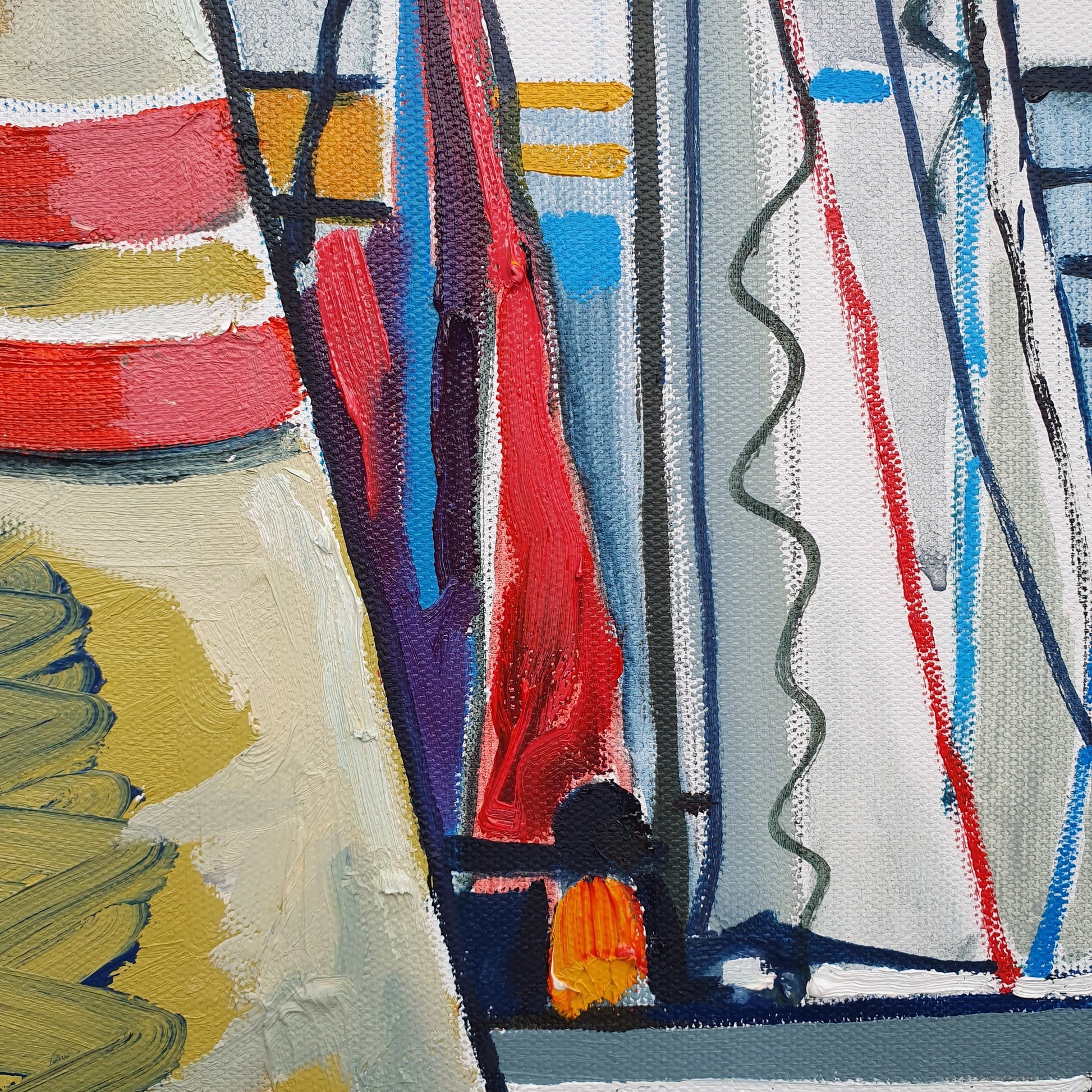 original oil by andrew cranely titled before the rain, an abstract colourful painting of boats