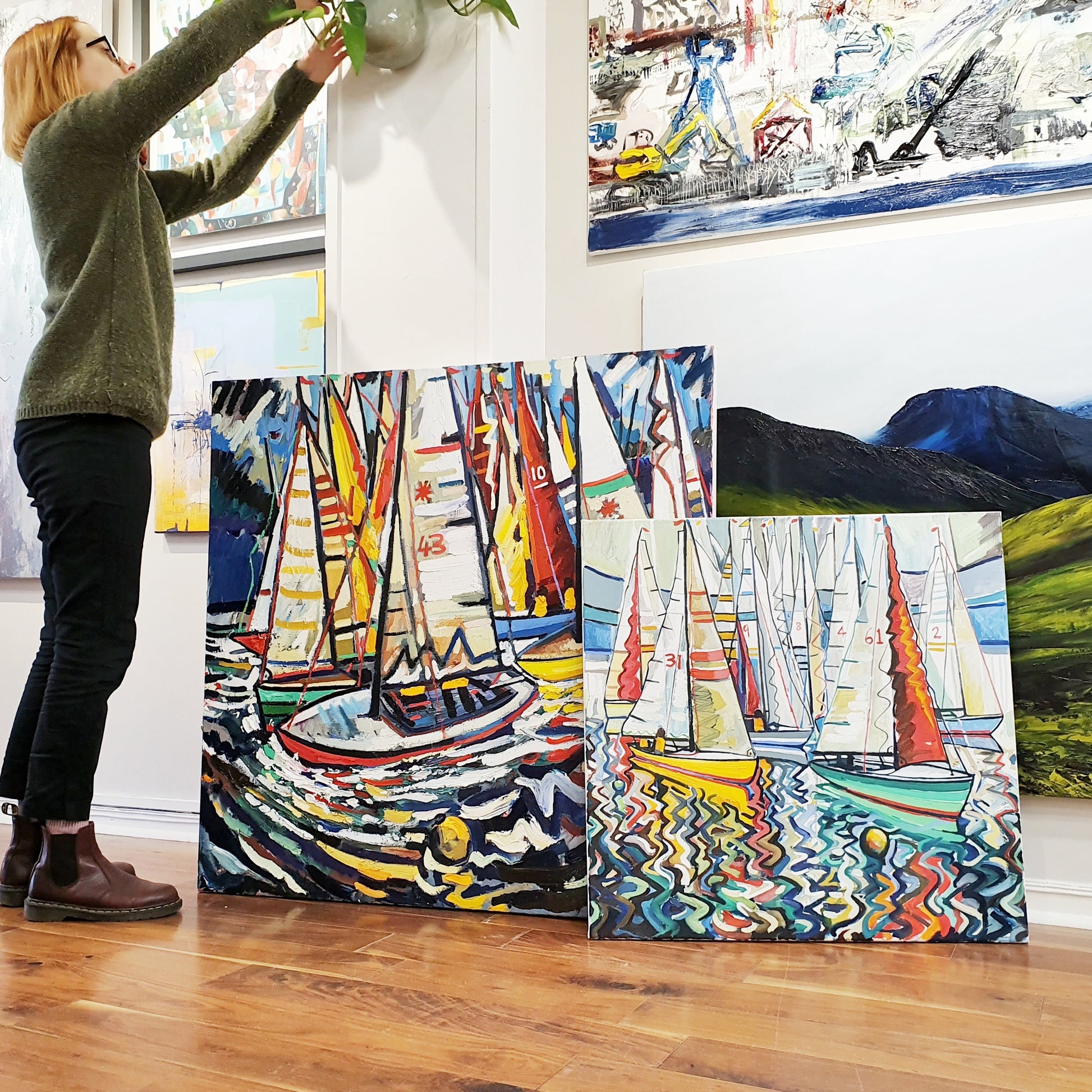 original oil by andrew cranely titled before the rain, an abstract colourful painting of boats