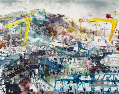 Una O'Grady oil on canvas original painting Streets of the East. A scene of Harland and Wolff cranes in East Belfast. Cave hill features