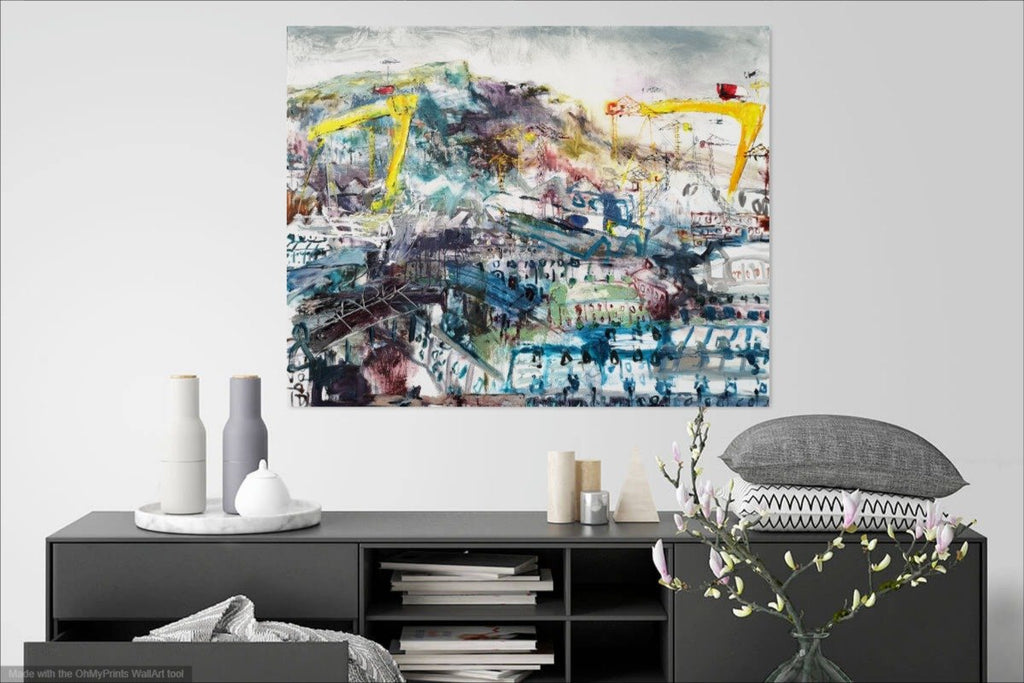 Una O'Grady oil on canvas original painting Streets of the East. A scene of Harland and Wolff cranes in East Belfast. Cave hill features