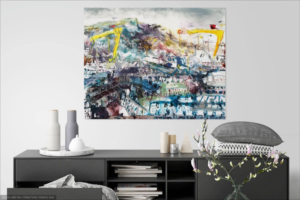 Una O'Grady oil on canvas original painting Streets of the East. A scene of Harland and Wolff cranes in East Belfast. Cave hill features