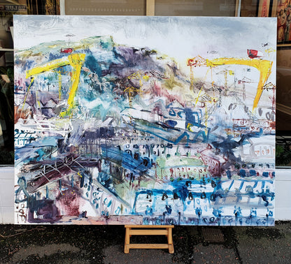 Una O'Grady oil on canvas original painting Streets of the East. A scene of Harland and Wolff cranes in East Belfast. Cave hill features
