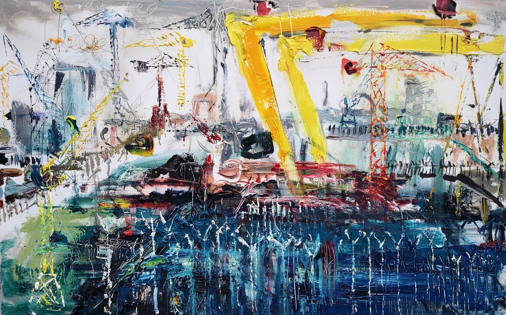 Una O'Grady oil on canvas original painting Through Fencing At The Docks. Scene of east belfast and Harland and Wolff cranes in sydenham 