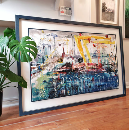 Una O'Grady oil on canvas original painting Through Fencing At The Docks. Scene of east belfast and Harland and Wolff cranes in sydenham 