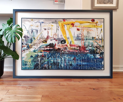 Una O'Grady oil on canvas original painting Through Fencing At The Docks. Scene of east belfast and Harland and Wolff cranes in sydenham 