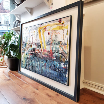 Una O'Grady oil on canvas original painting Through Fencing At The Docks. Scene of east belfast and Harland and Wolff cranes in sydenham 
