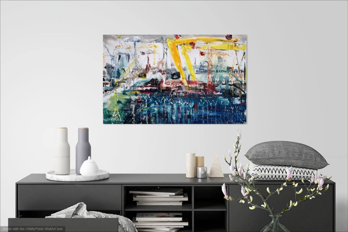 Una O'Grady oil on canvas original painting Through Fencing At The Docks. Scene of east belfast and Harland and Wolff cranes in sydenham 