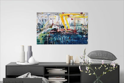 Una O'Grady oil on canvas original painting Through Fencing At The Docks. Scene of east belfast and Harland and Wolff cranes in sydenham 