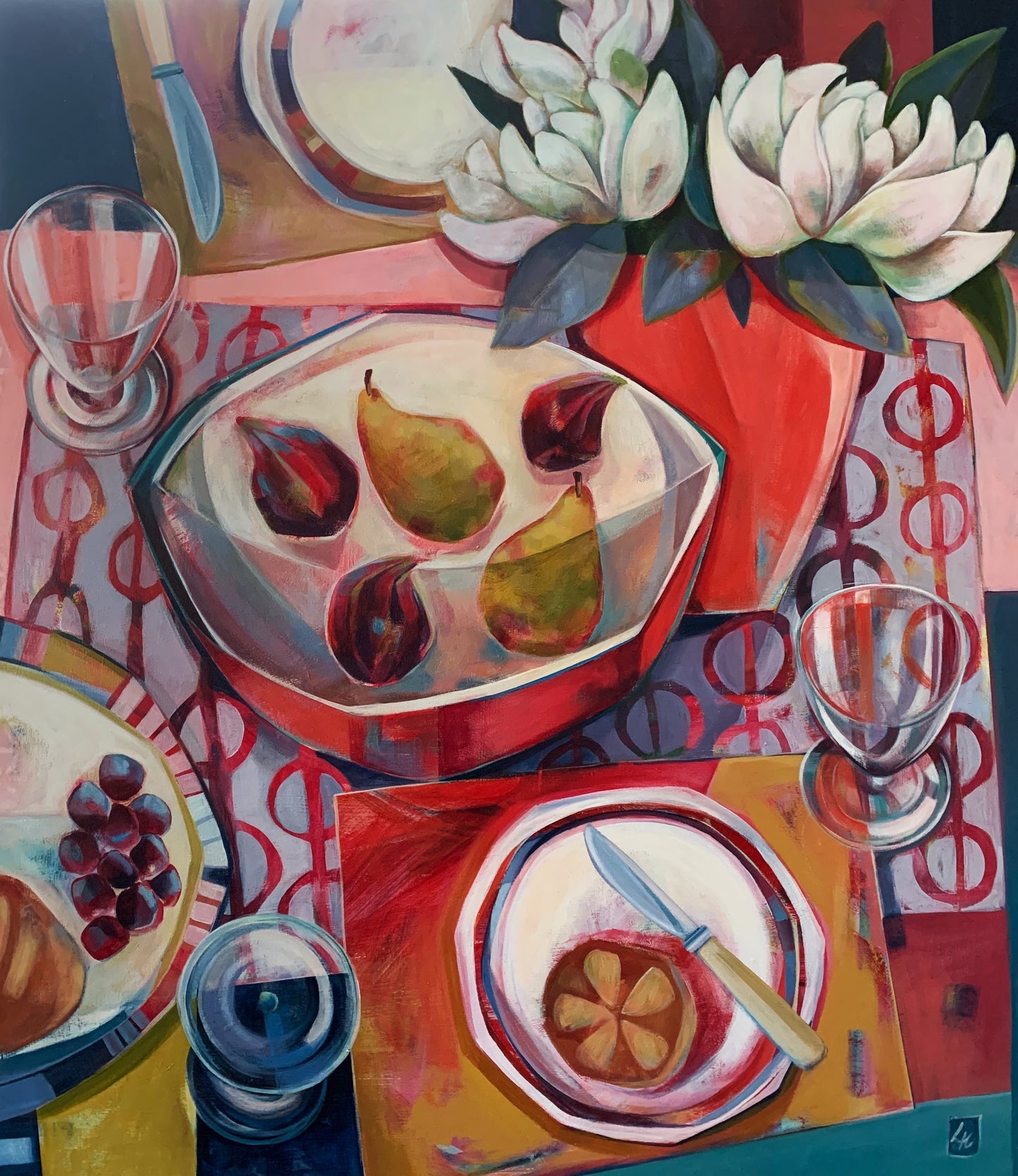 liza kavanagh original painting on board The Carnelian Vase. a contemporary still life in shades of red
