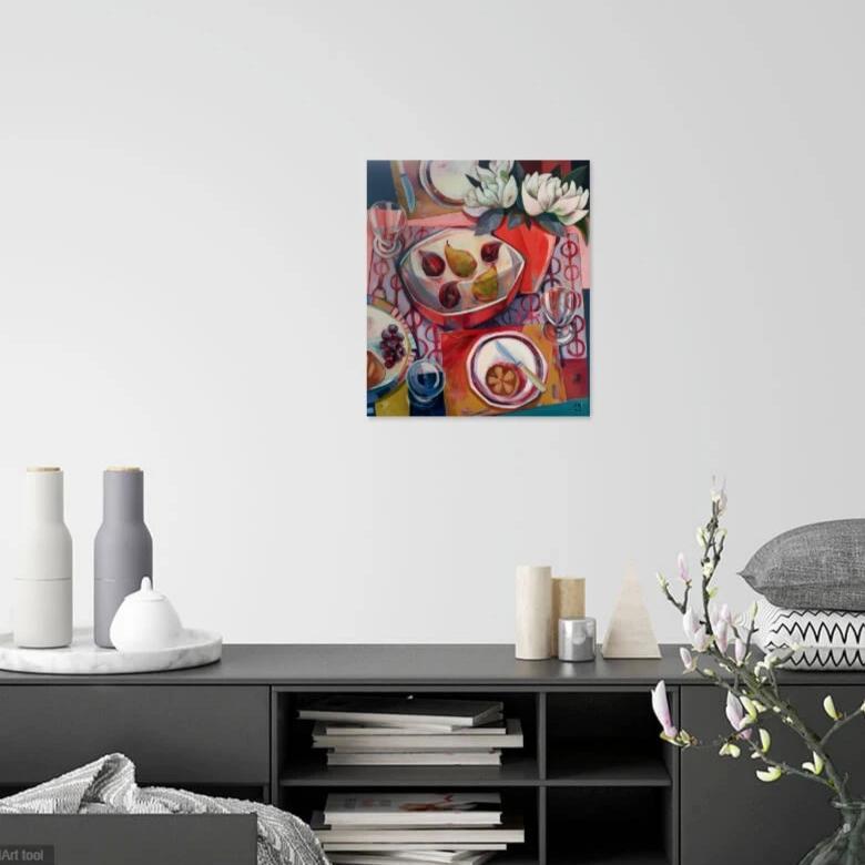 liza kavanagh original painting on board The Carnelian Vase. a contemporary still life in shades of red