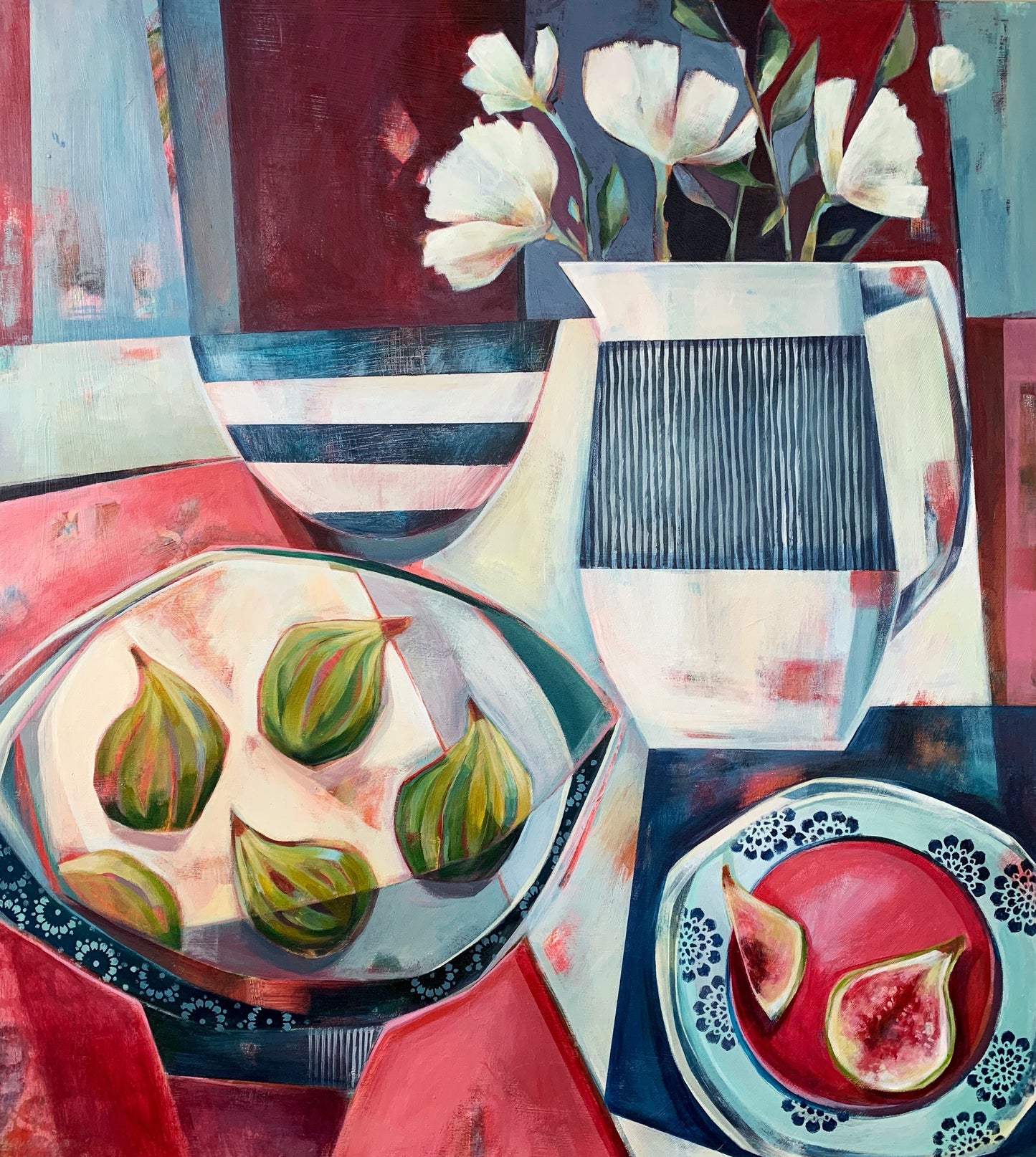 liza kavanagh original painting on board Tiger Figs and Anemones. a contemporary still life in shades of red and blue