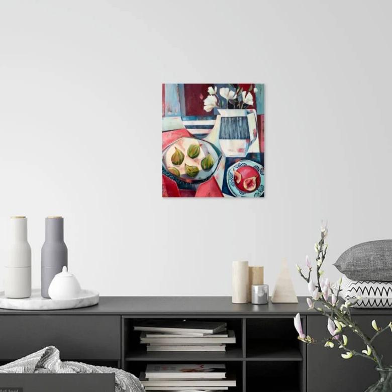 liza kavanagh original painting on board Tiger Figs and Anemones. a contemporary still life in shades of red and blue