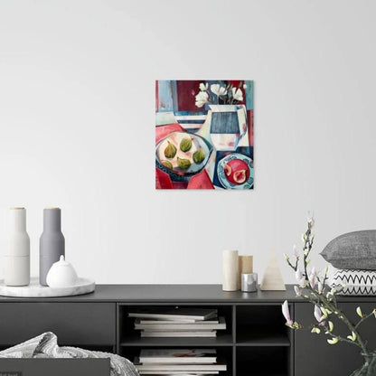 liza kavanagh original painting on board Tiger Figs and Anemones. a contemporary still life in shades of red and blue