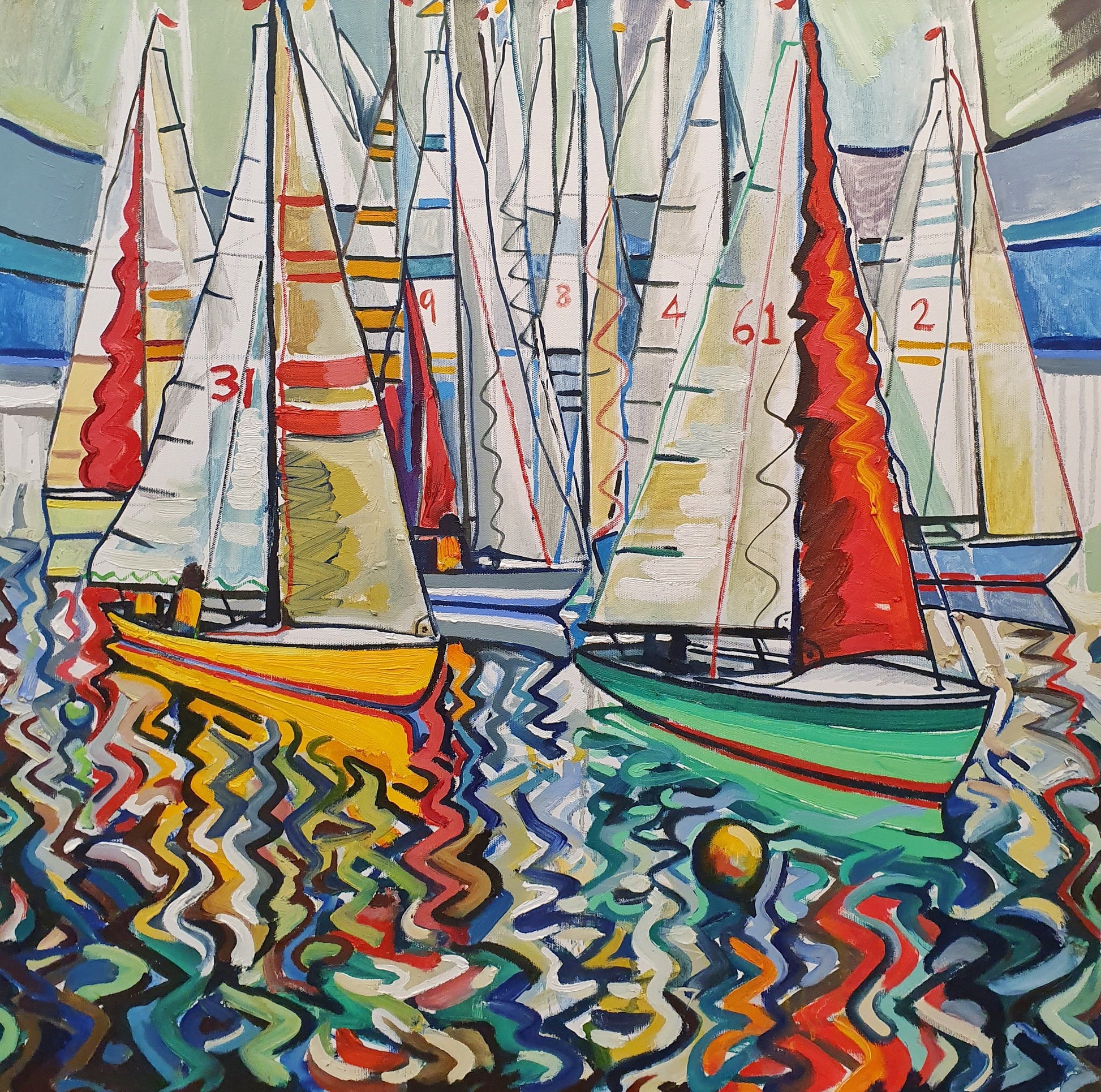 original oil by andrew cranely titled before the rain, an abstract colourful painting of boats