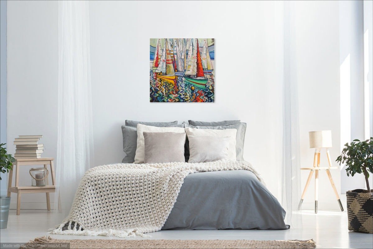 original oil by andrew cranely titled before the rain, an abstract colourful painting of boats